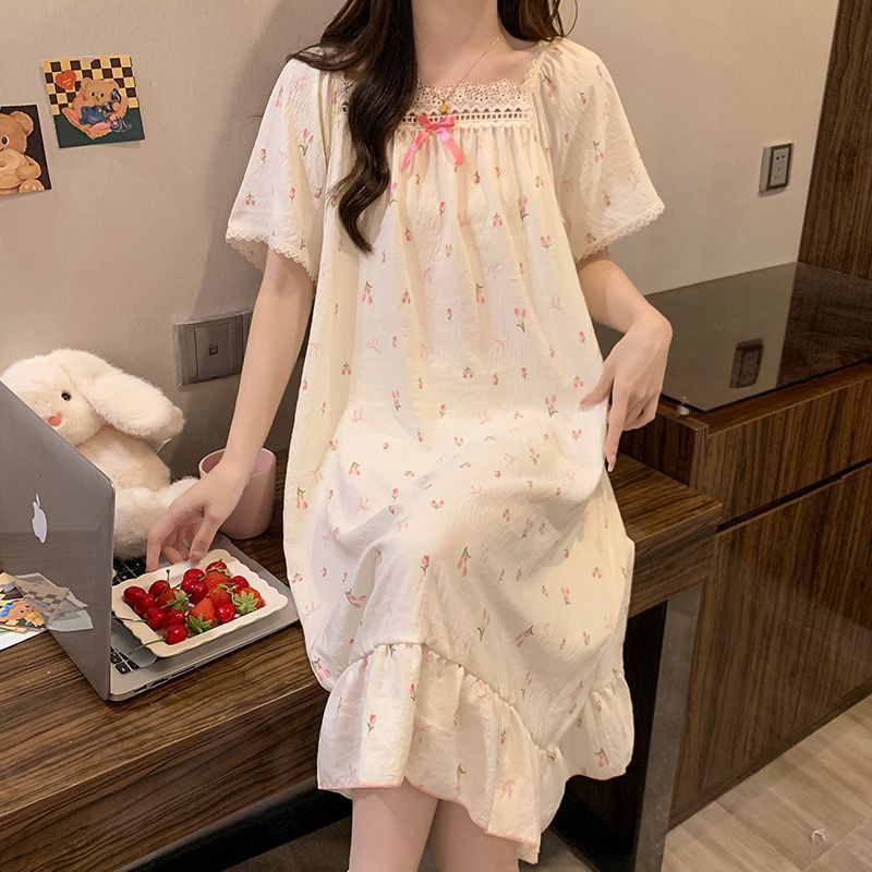 プラスサイズプリンセススタイルナイトガウン夏半袖パジャマドレ - Women'S Fashion Korea のレビューと価格