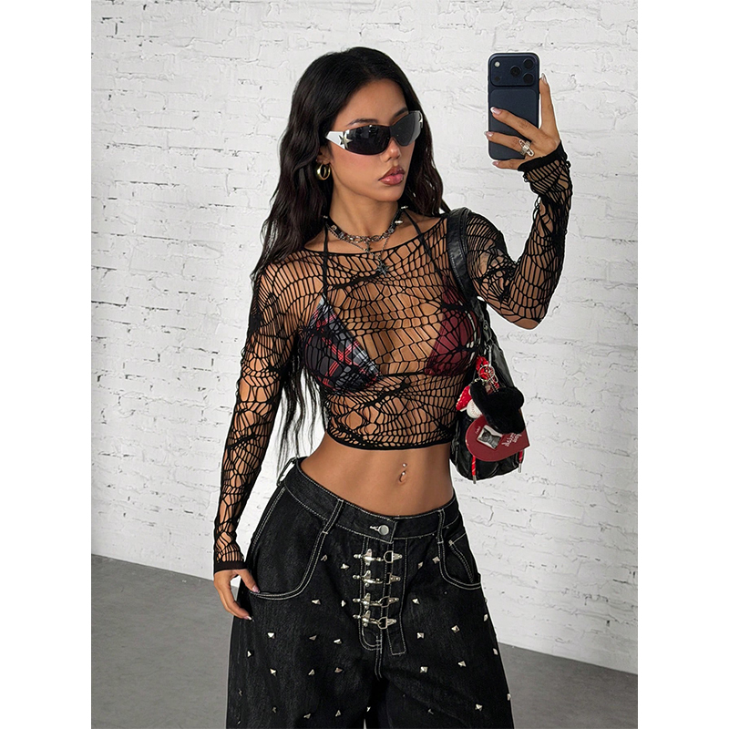 女性用トップス 長袖 シースルー ホローアウト フィッシュネ - Women Top Fashion のレビューと価格