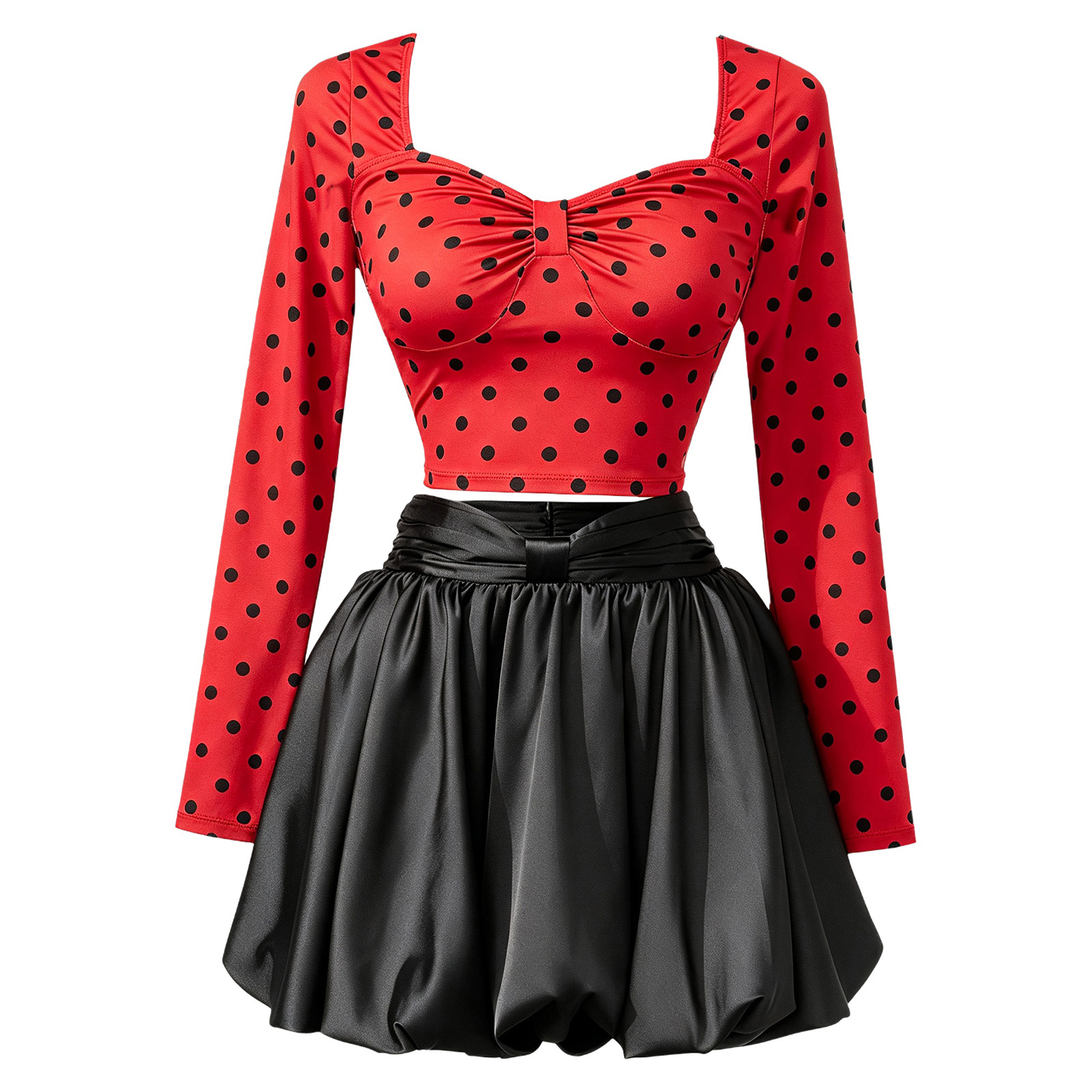レディース長袖ポルカドットクロップトップスとフリルミニスカー - Women Top Fashion のレビューと価格