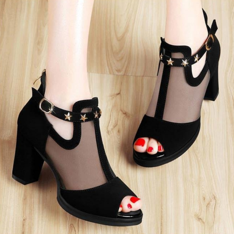 メッシュ素材のピープトゥブロックハイヒール、カットアウトアン - Women'S Fashion Korea のレビューと価格